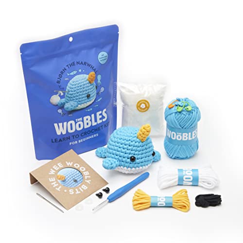 The Woobles Crochet Kit for Beginners (Bjørn the Narwhal) | As seen on Shark Tank, Kit includes: Easy Peasy Yarn, pre-started piece, hook, safety eyes, stuffing, video tutorials - color: Blue