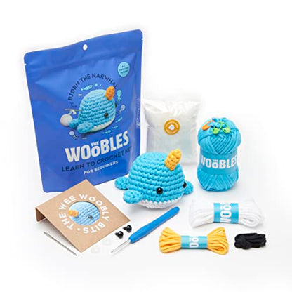 The Woobles Crochet Kit for Beginners (Bjørn the Narwhal) | As seen on Shark Tank, Kit includes: Easy Peasy Yarn, pre-started piece, hook, safety eyes, stuffing, video tutorials - color: Blue