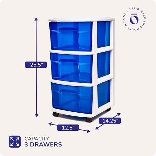 HOMZ Drawer Tower, 3-Tier Storage Cart with Removable Wheels, White Frame | Wide Plastic Organizer with Clear Bin Drawers for Bedroom, Bathroom, Home Office, and Dorm Rooms - color: White Frame/Blue Drawers, size: 1 Pack