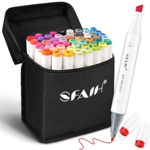 SFAIH Dual Tip Alcohol Markers, 49 Colors, Chisel & Fine Art Coloring Set | Colorless Blender & No-Bleed Sheet, Gift for Beginner, Non-Toxic, Adult Coloring Books Illustration Scrapbook Poster Drawing - color: 49 Colors