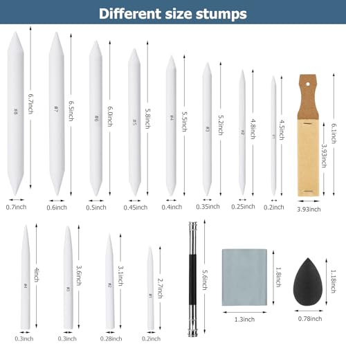 AGPTEK 48 PCS Sketch Drawing Tools, 20 Blending Stumps Set | 2 Sandpaper Pencil Sharpeners, Pencil Extension, Erasers,20 sponge replacement heads & 1 Felt Bag for Student Sketch Draw