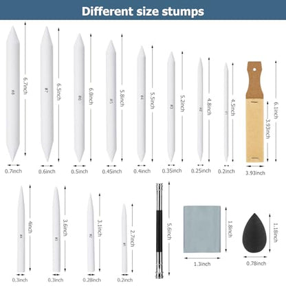 AGPTEK 48 PCS Sketch Drawing Tools, 20 Blending Stumps Set | 2 Sandpaper Pencil Sharpeners, Pencil Extension, Erasers,20 sponge replacement heads & 1 Felt Bag for Student Sketch Draw