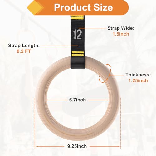 Wooden Gym Rings, 9ft Double-Layer Numbered Straps Quick Adjust | 1.25” Olympic Rings for Home Gym Small Apartment Hotel Camping Full Body Workout Calisthenics Strength Training Body