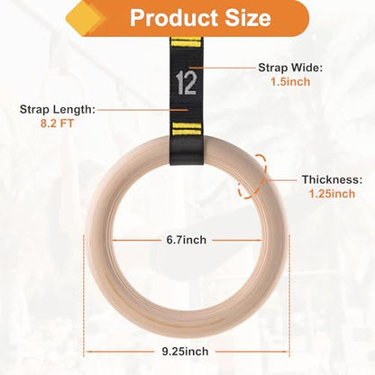 Wooden Gym Rings, 9ft Double-Layer Numbered Straps Quick Adjust | 1.25” Olympic Rings for Home Gym Small Apartment Hotel Camping Full Body Workout Calisthenics Strength Training Body