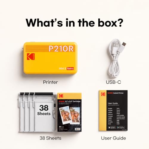 KODAK Mini 2 Retro 2x3 Portable Photo Printer, 4PASS, 38 Sheets, White | Bluetooth, iPhone & Android Smartphone Compatible, Smudge-Proof, Water-Resistant, Fade-Resistant - color: White, size: Printer + 38 Sheets