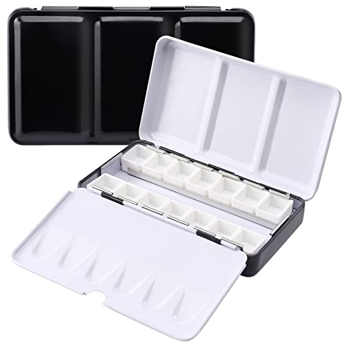 Metal Watercolor Tin with Fold-Out Palette, Small Tray Palette with 14 Empty Half Pans for Plein Air, Acrylic and Oil Painting - color: Black, size: 14 Empty Half Pans