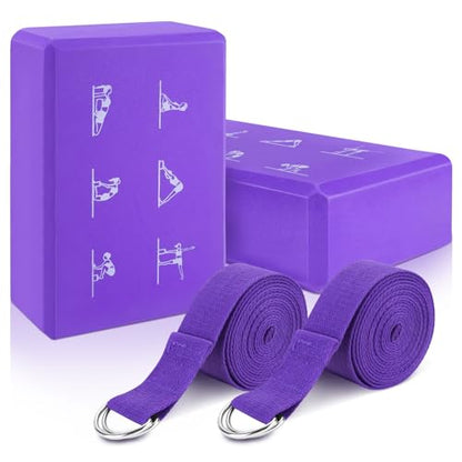 RETON 2 Pack Yoga Blocks and 2 Yoga Straps Set, Soft Non-Slip Yoga Block for Pilates, High Density EVA Foam Yoga Brick with Yoga Strap for General Fitness, Stretching, Improve Strength and Flexibility - color: Purple