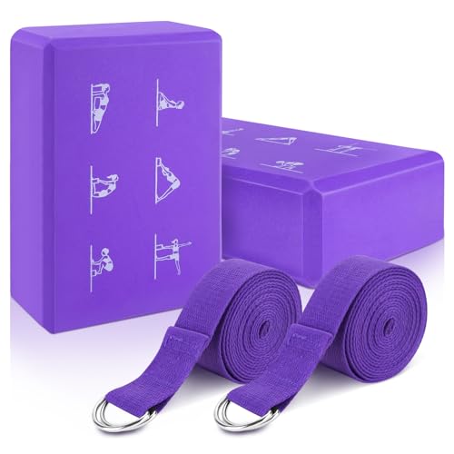 RETON 2 Pack Yoga Blocks and 2 Yoga Straps Set, Soft Non-Slip Yoga Block for Pilates, High Density EVA Foam Yoga Brick with Yoga Strap for General Fitness, Stretching, Improve Strength and Flexibility - color: Purple