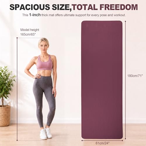 HULKFIT High Density Non Slip Yoga Mat, Extra Thick Exercise Mat with Carrying Strap, for Pilates, Fitness, Home Gym & Floor Workouts - Multiple Thickness & Multiple Color - color: Burgundy, size: 71"L x 24"W x 1"Th