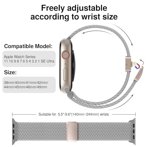 Braided Stretchy Magnetic Band Compatible with Apple Watch Bands Women Men - color: Gray, size: 44mm/45mm/46mm/49mm/(42mm-series 3 2 1)