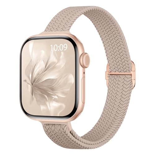 Slim Braided Stretchy Band Compatible with Apple Watch Bands Women | 40mm 41mm 42mm 38mm 44mm 45mm 46mm 49mm Thin Elastic Nylon Solo Loop Strap ,Wristband for iWatch Series 11 10 9 8 7 6 5 4 SE - color: MilkTea, size: 38/40/41/42mm