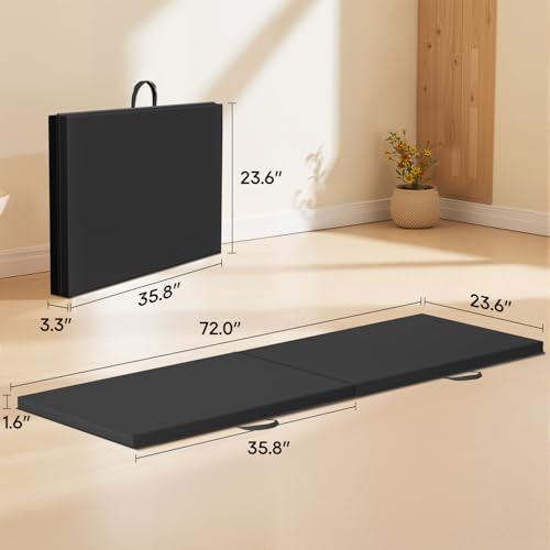 Gymnastics Tumbling Mat Portable Gymnastics Mat Foldable Tumbling Mat 2ft W 6ft L/4ft W 6ft L/4ft W 8ft L/4ft W 10ft Exercise Mat Yoga Mat with Carrying Handles for Yoga Gymnastics - color: Black, size: 2 Fold 2'x6'x1.6"THK