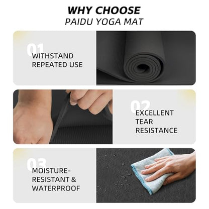 PAIDU Extra Long Wide Yoga Mat, （10mm） Thick Non-Slip Exercise Mat 76"x33" | large mat, ideal for yoga, Pilates & home gym, with non-slip grip & cushioning for all exercises. - color: Black