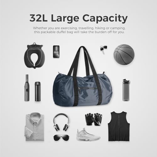 pack all Lightweight Travel Duffel Bag, 32L Foldable Weekender Bag | Ultralight, Packable, Water-Resistant, Tear-Resistant Nylon, YKK Zipper, Luggage Sleeve, For Travel, Camping, Gym, Navy - color: Navy, size: 32L
