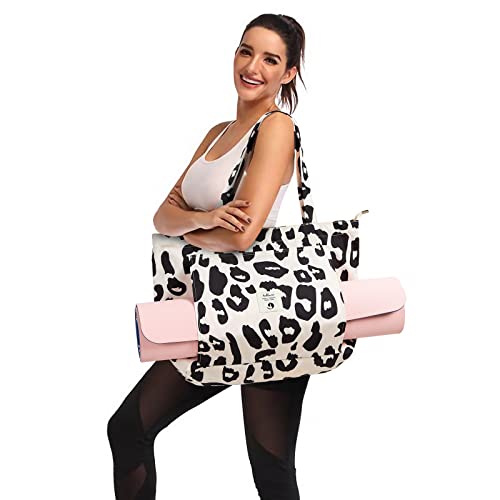 WLLWOO Yoga Mat Carrier Bag for Women Canvas Carryall Tote Gym Pilates | Large Holder Zipper Shoulder for Beach Travel Workout Fitness Office - color: leopard