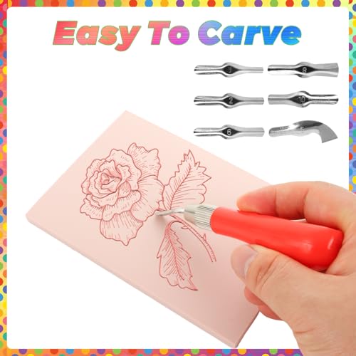 8Pcs Linoleum Blocks for Printmaking, 4 x 6 Rubber Carving Block, Stamp Carving Kit, Rubber Stamp Kit with Cutter Tools for Stamp Carving, DIY Printmaking Pink