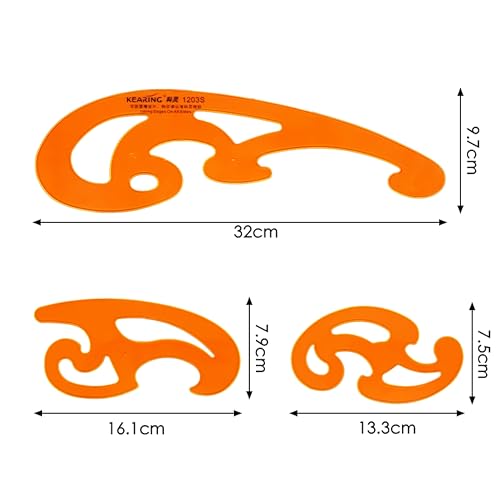 KEARING 3Pcs Hard Plastic French Curve Ruler Set - Orange Ink Groove Sewing | Rigid 3-piece clear orange hard plastic french curve set with ink groove. Non-bendable drawing tool for pattern making - style: 1203S