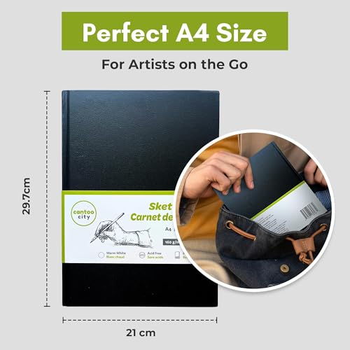 Cantoo City A4 Sketchbook, Professional Grade, Black Hard Cover Sketch Book, Art Drawing Book, Wood Free, Off White Thick Paper, Sketch Pad, Dry Media 100 Pages -160g/M² (108 Lb)