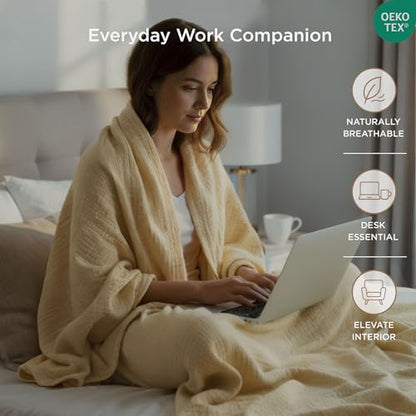 Threadmill Cotton Throw, Muslin, Beige, 100% Cotton Gauze Weave, All-Season | 100% Cotton, Muslin Weave, 50x65 in, Breathable, All-Season, Lightweight, OEKO-TEX Certified, Machine Washable - color: Beige, size: Throw