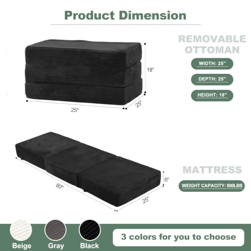 6 Inch Tri Fold Memory Foam Mattress Single Size, Foldable Futon Mattress Topper with Removable Washable Cover, Portable Floor Sofa Bed Guest Mat with Carry Handles & Non-Slip Bottom for Camping - color: Black, size: SINGLE