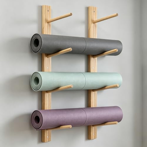 Wall Mount Wooden Yoga Mat Storage Rack, Premium Solid Wood Yoga Mat Holder, Space-Saving Yoga Equipment Organizer for Yoga Mats, Towels, Foam Rollers, Easy to Install (Hold 2 Mats Per Pair)