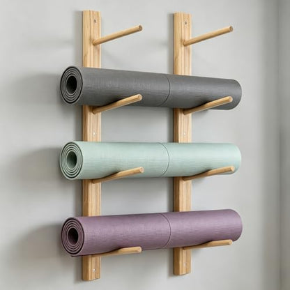 Wall Mount Wooden Yoga Mat Storage Rack, Premium Solid Wood Yoga Mat Holder, Space-Saving Yoga Equipment Organizer for Yoga Mats, Towels, Foam Rollers, Easy to Install (Hold 2 Mats Per Pair)