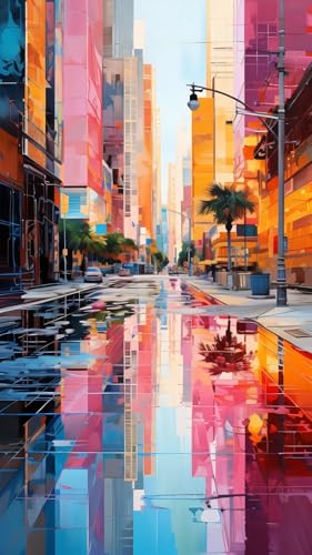 ARTGOTO Large Paint by Numbers for Adults Colorful Cityscape | 15.7x27.5inch/40x70cm Paint by Number Kit on Canvas, Urban Street Reflection Acrylic Painting Set with Brushes, No Frame - color: PBN064