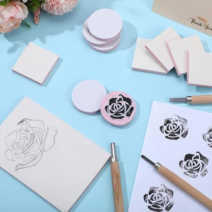 18 Pcs Rubber Stamp Carving Blocks Linoleum Blocks 4"x6" and 2"x2" Round Square Rectangle Block Carving Kit for Stamp Crafts DIY Project (Pink and White) - color: Pink and White