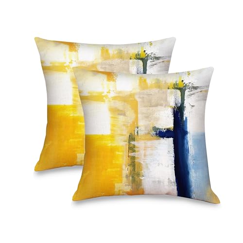 Blue and Yellow Abstract Pillow Covers - Abstract Modern Oil Painting Pillow Covers Themed Decorative for Couch Sofa Bed Living Room Bedroom 18x18 inches Set of 2, Throw Pillow Covers - color: 01-blue Yellow040