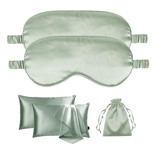 5Pcs Silky Sleep Mask Eye Masks Breathable Soft Satin Pillowcases Set for Sleeping Similar to Silk Pillowcase Travel Gift - color: Sage-queen Size