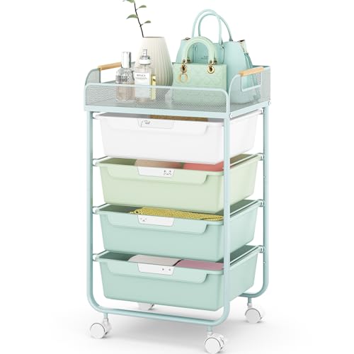 SYKIARIOL 4-Drawer Rolling Storage Cart with Mesh Top,Green | Utility Craft Organizer Cart on Wheels with 4 DIY Labels, Rolling Drawer Cart for Home Office Classroom Bedroom - color: Gradient Green
