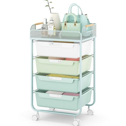 SYKIARIOL 4-Drawer Rolling Storage Cart with Mesh Top,Green | Utility Craft Organizer Cart on Wheels with 4 DIY Labels, Rolling Drawer Cart for Home Office Classroom Bedroom - color: Gradient Green