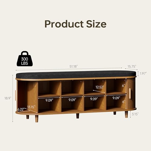 DHH 2-Tier Storage Bench,Wide Shoe Bench with Thickened Padded Seat Cushion, Mid Century Modern Fluted Sliding Door and Adjustable Shelf, for Entryway, Living Room, Bedroom (Yellow Walnut, 51.2”) - color: Yellow Walnut, size: 51.2 inch