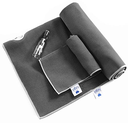 IUGA Yoga Towel for Hot Yoga Non Slip Extra Thick Yoga Mat Towel + Hand Towel 2in1 Set with Corner Pockets Super Absorbent and Quick Dry Hot Yoga Towel - color: Gray, size: 68" x 24"