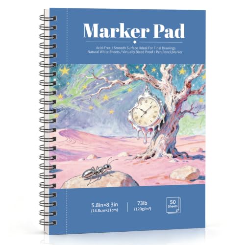 5.8×8.3 Marker Pad, 50 Sheets, Smooth Acid-Free Paper for Markers | Bleed-Resistant Coated Paper, Lay-Flat Binding, for Alcohol Markers, Fineliners, Pencils, Calligraphy - color: Time Storm, size: 5.8×8.3 Inch (50 Sheets )