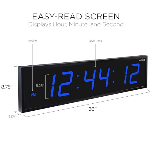 Ivation Oversized Digital Wall Clock with Large LED Display & Timer, 36" | Multi-function with Timer, Stopwatch, Alarms, Temp & Date, Aluminum frame, 6 Brightness levels, Time memory, Remote | Blue - color: Blue, size: 36" Inch