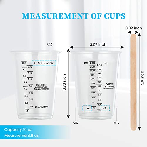 100 PACK 10 oz Plastic Measuring Cups, with 100 Wooden Mixing Sticks | disposable mixing cups versatile for epoxy resin, liquid measuring, DIY crafts, paint, experiment, cooking & baking