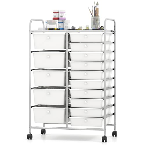 DREAMADE 15-Drawer Rolling Storage Cart, Mobile Craft Cart, White | Utility Organizer with Lockable Wheels, Removable Plastic Drawers and Metal Frame for Home Office, Classroom and Studio - color: White, size: 24.5"L x 15"W x 38"H