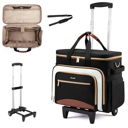 LOVEVOOK Rolling Teacher Bag, Laptop Tote with Detachable Dolly | Fits 17.3 Inch Laptop, Detachable Dolly, Large Rolling Tote Bag for Teacher Office Work Nurse, Adjustable Handle - color: Black-beige-brown