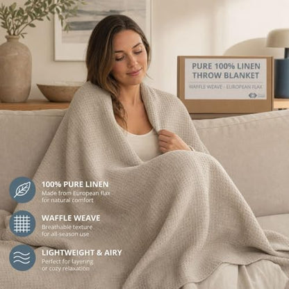 Pure 100% Linen Throw Blanket 50x60-inch Waffle Weave Linen Beach Blanket - color: Natural Linen, size: Throw Blanket