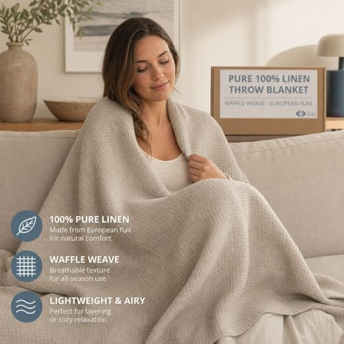 Pure 100% Linen Throw Blanket 50x60-inch Waffle Weave Linen Beach Blanket - color: Natural Linen, size: Throw Blanket
