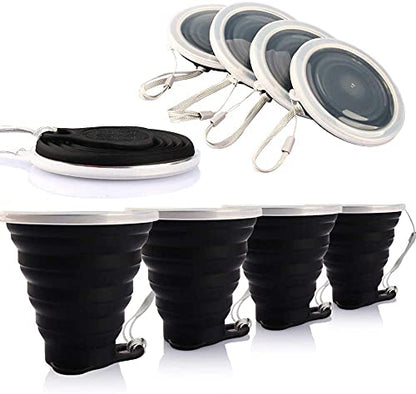 ME.FAN Silicone Collapsible Travel Cup - Silicone Folding Camping Cup with Lids - Expandable Drinking Cup Set - Portable, Graduated [9.22oz] - color: 4 Pack-Black