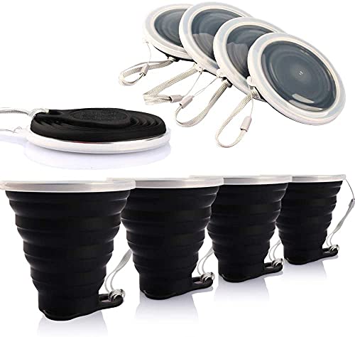ME.FAN Silicone Collapsible Travel Cup - Silicone Folding Camping Cup with Lids - Expandable Drinking Cup Set - Portable, Graduated [9.22oz] - color: 4 Pack-Black