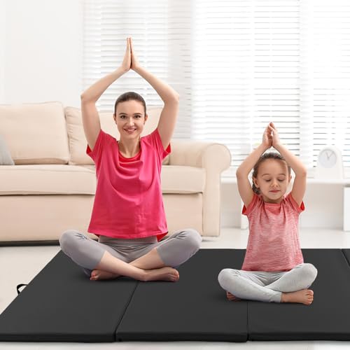 Giantex 4'x10'x 2" Gymnastics Mat, 4-Panel Folding Aerobics Exercise Mat w/Hook & Loop Fastener, Carrying Handle, Portable Tumbling Mat for Stretching Yoga Cheerleading Martial Arts - color: Black