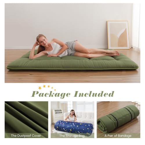 Zelladorra Japanese Floor Mattress, Futon Mattress | Roll Up Tatami Mat with Portable Storage Bag and Washable Cover, Suitable for Camping, Guest Room, Green - color: Green ( 4"th + Dust Cover ）, size: Twin (80"L x 39"W)
