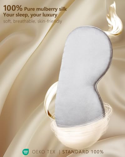 Silk Sleep Mask for Women Natural Mulberry - Soft Breathable Organic Natural Silk Fabric Blackout Sleep Mask with Adjustable Straps No Pressure Eye Mask for Travel Essentials Gifts (Light Gray) - color: Light Gray