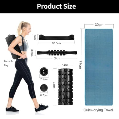 Aucuu 6 in 1 Foam Roller Set Includes Hollow Core Massage Roller, Yoga Stick, Massage Ball, Fitness Stretching Strap, Carrying Bag, Towel, Massage Roller (Black) - color: Black