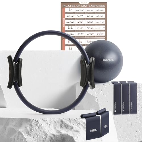 PhysKcal Pilates Kit, 15-Inch Pilates Ring with 1x Pilates Ball & 5X Bands | Aesthetic Home Pilates Equipment Set, Essential Kit for Beginners in Minimalist Style. Comes in Premium Packaging - color: Navy