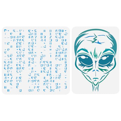 FINGERINSPIRE 2PCS Alien Stencil Set Reusable Alien Head & Alien Code Template for Painting on Wall, Wood, Canvas, Fabric Sci-Fi Theme DIY Art Stencils