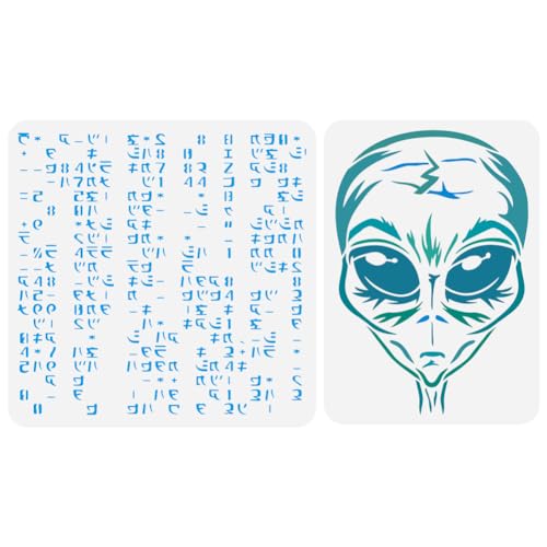 FINGERINSPIRE 2PCS Alien Stencil Set Reusable Alien Head & Alien Code Template for Painting on Wall, Wood, Canvas, Fabric Sci-Fi Theme DIY Art Stencils